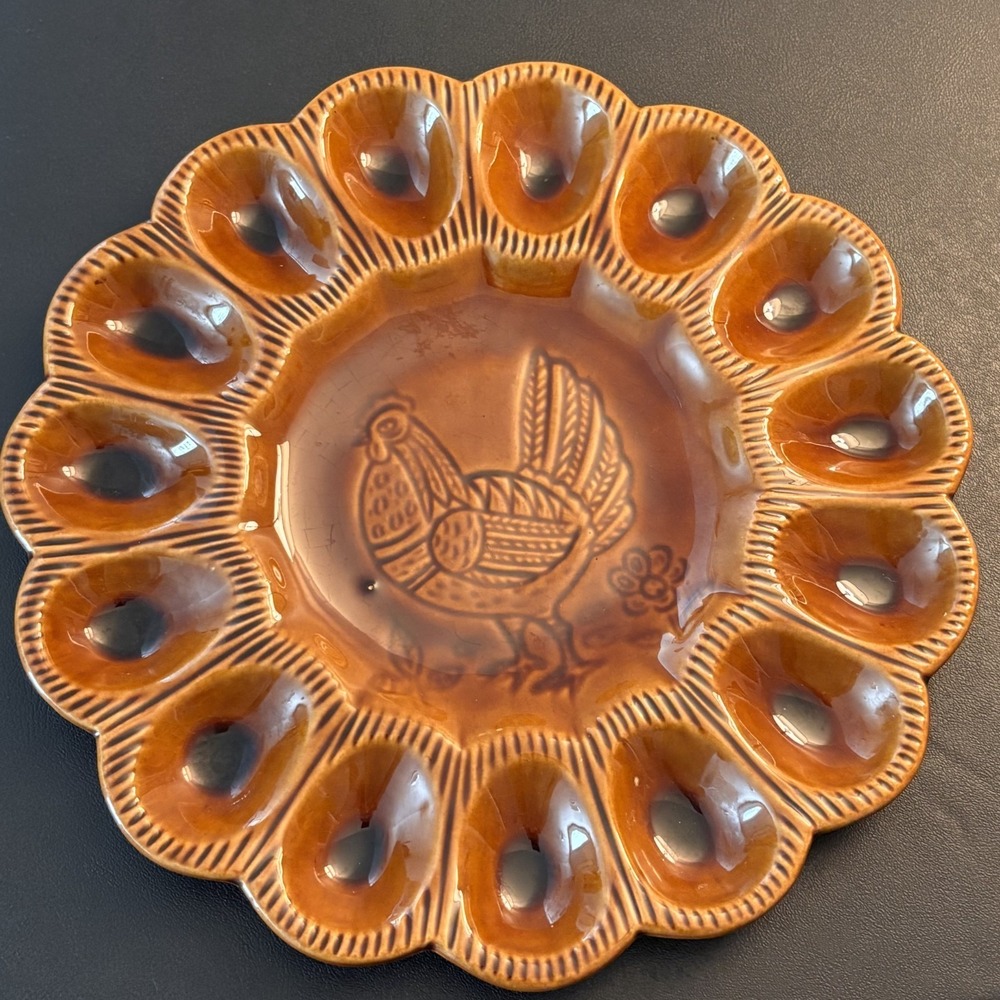 Vintage 1970's California Pottery Deviled Egg Plate Brown 10.5" #S29 (529)